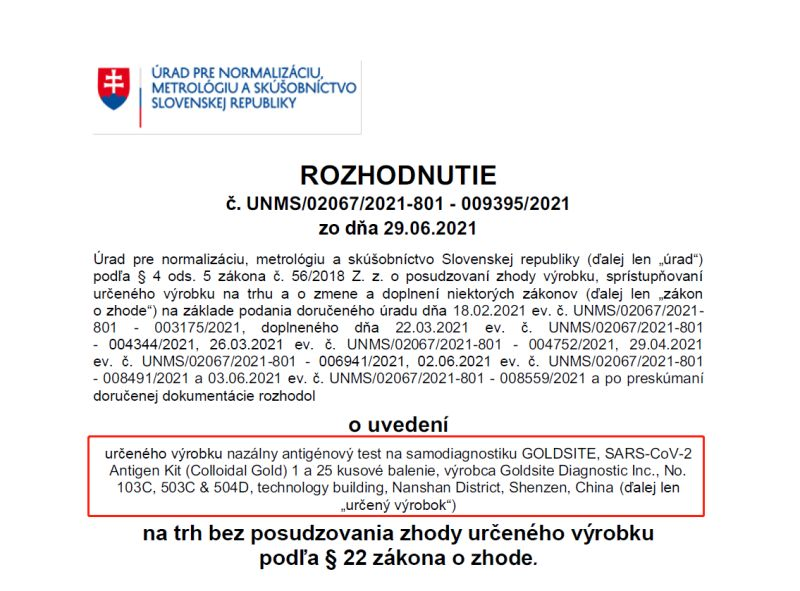 GOLDSITE SARS-CoV-2 self-testing kit approved by UNMS Slovak